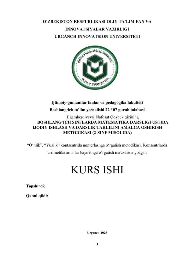 BOSHLANG‘ICH SINFLARDA MATEMATIKA DARSLIGI USTIDA IJODIY ISHLASH VA DARSLIK TAHLILINI AMALGA OSHIRISH METODIKASI (2-SINF MISOLIDA