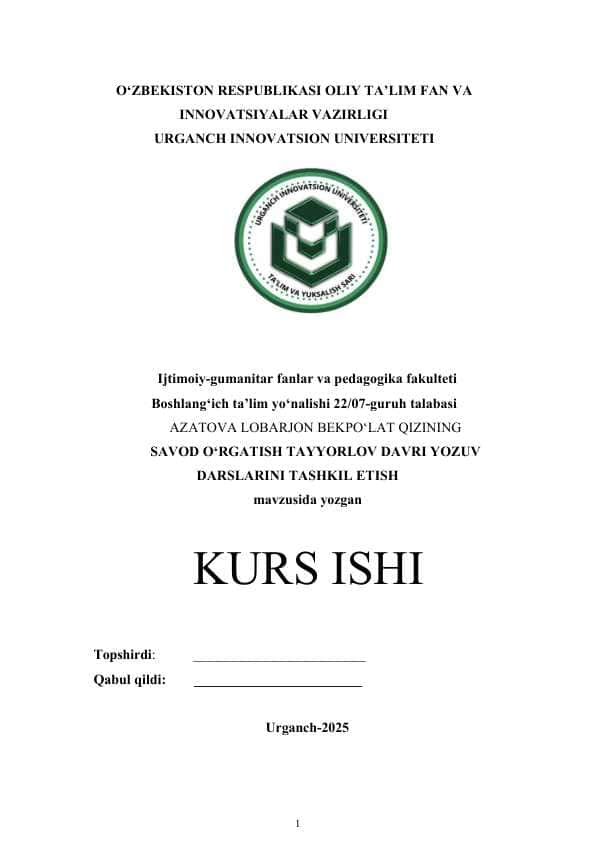 SAVOD O‘RGATISH TAYYORLOV DAVRI YOZUV DARSLARINI TASHKIL ETISH