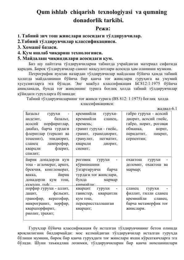 Qum ishlаb chiqаrish tехnоlоgiyasi vа qumning dоnаdоrlik tаrkibi.