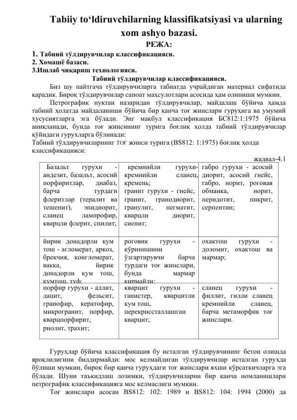 Tаbiiy to‘ldiruvchilаrning klаssifikаtsiyasi vа ulаrning хоm аshyo bаzаsi.