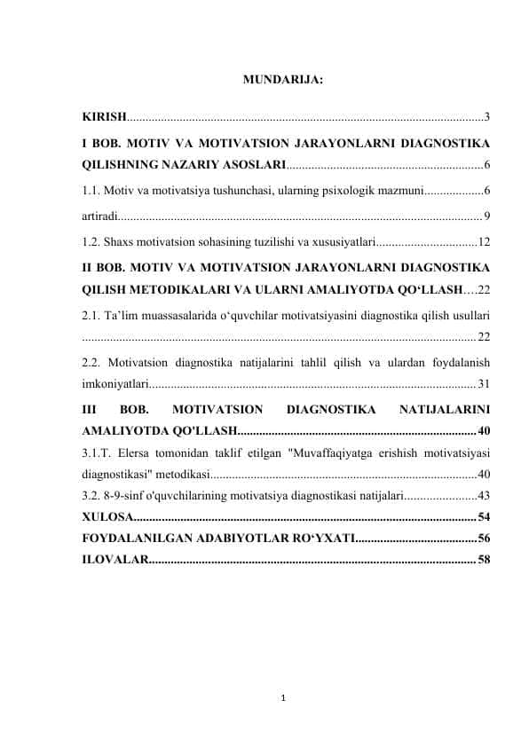 MOTIV VA MOTIVATSION JARAYONLARNI DIAGNOSTIKA QILISH METODIKALARI