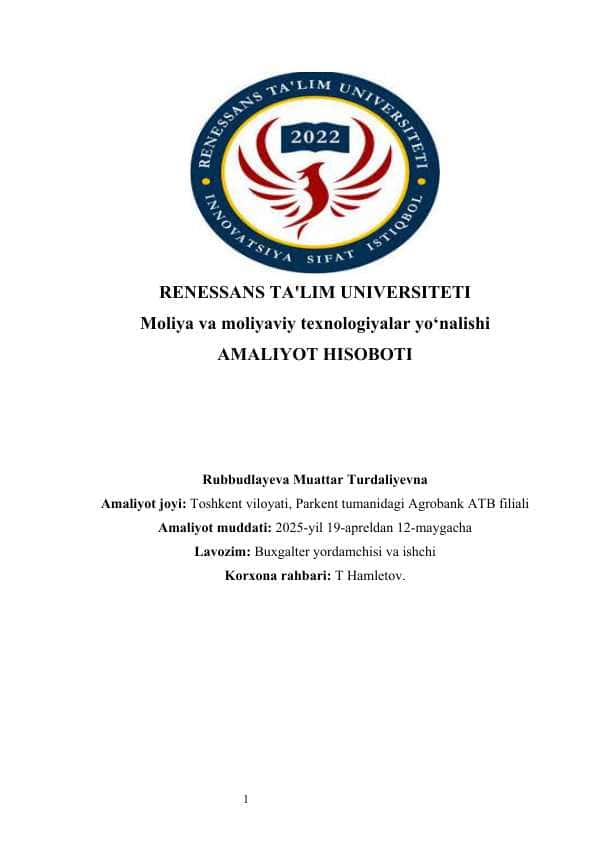Parkent tumanidagi Agrobank ATB AMALIYOT HISOBOTI Agrobank AMALIYOT HISOBOTI