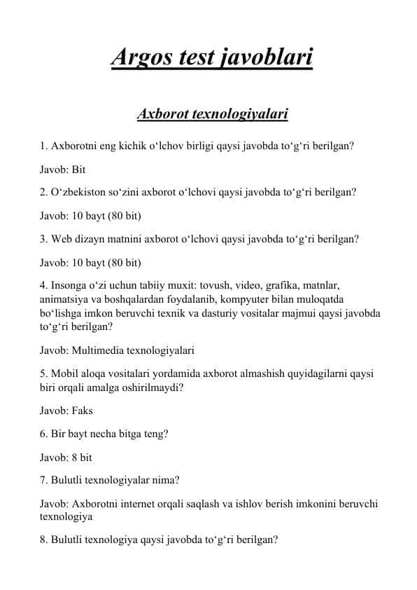 Argos test javoblari