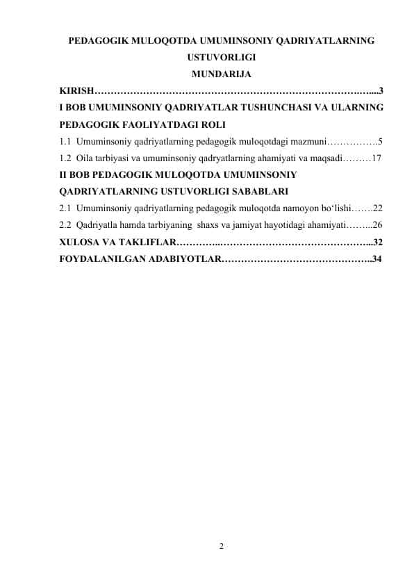 PEDAGOGIK MULOQOTDA UMUMINSONIY QADRIYATLARNING USTUVORLIGI