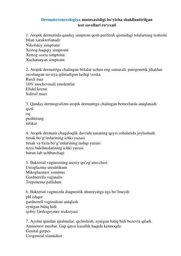 Argos 2025 Dermatovenerologiya mutaxasisligi boʻyicha shakllantirilgan test savollari roʻyxati