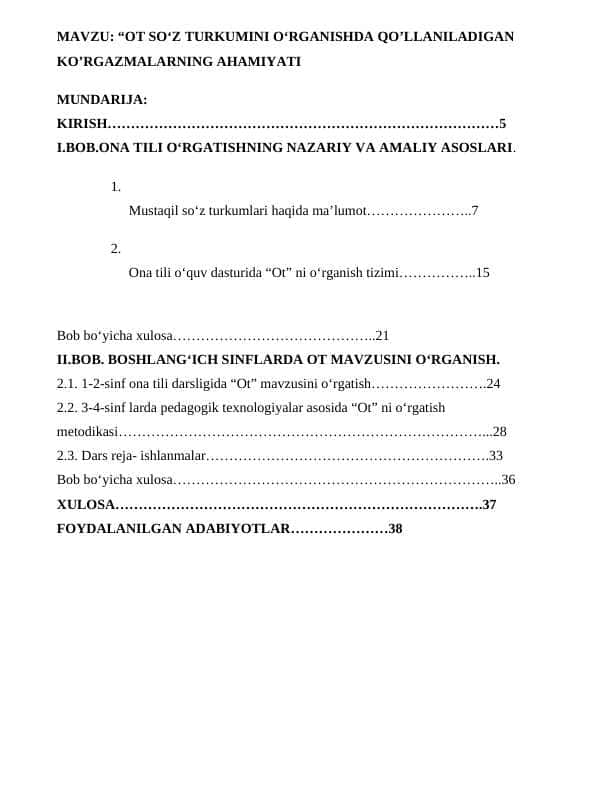 OT SO‘Z TURKUMINI O‘RGANISHDA QO’LLANILADIGAN KO’RGAZMALARNING AHAMIYATI
