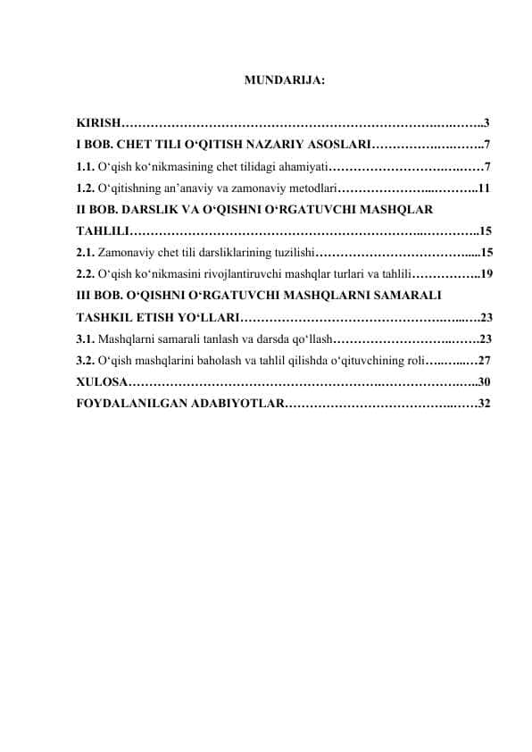 CHET TILI DARSLIGIDA O‘QISHNI O’RGATUVCHI MASHQLARI TAHLILI