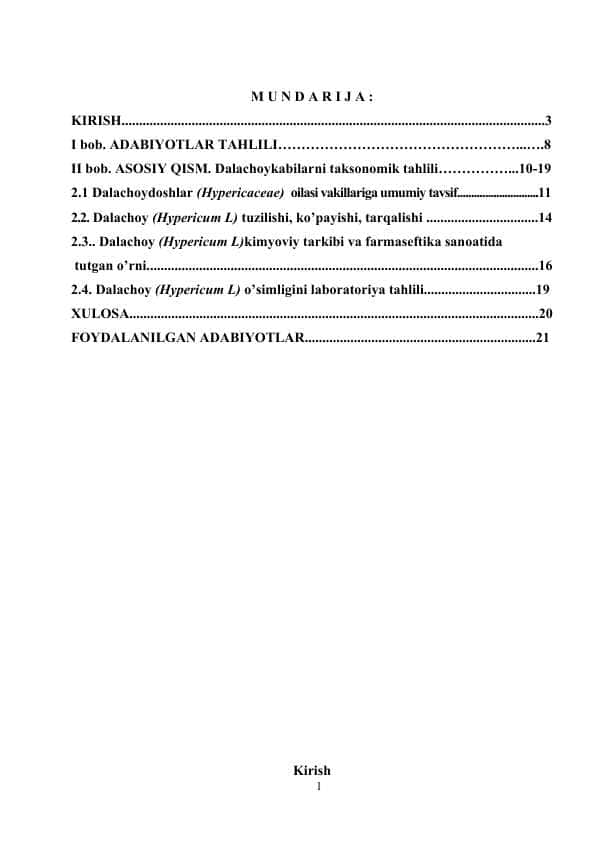 Dalachoy (Зверобой проырявленный) Hypericcum perforatum L. o’simligi urug’larini laboratoriya tahlili.