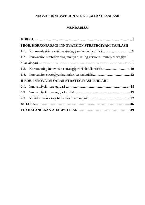 INNOVATSION STRATEGIYANI TANLASH