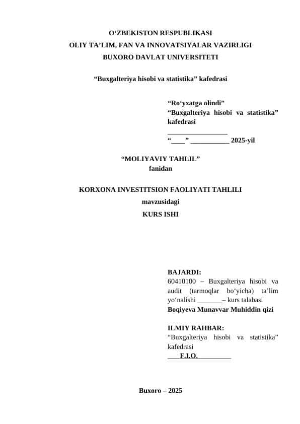 KORXONA INVESTITSION FAOLIYATI TAHLILI