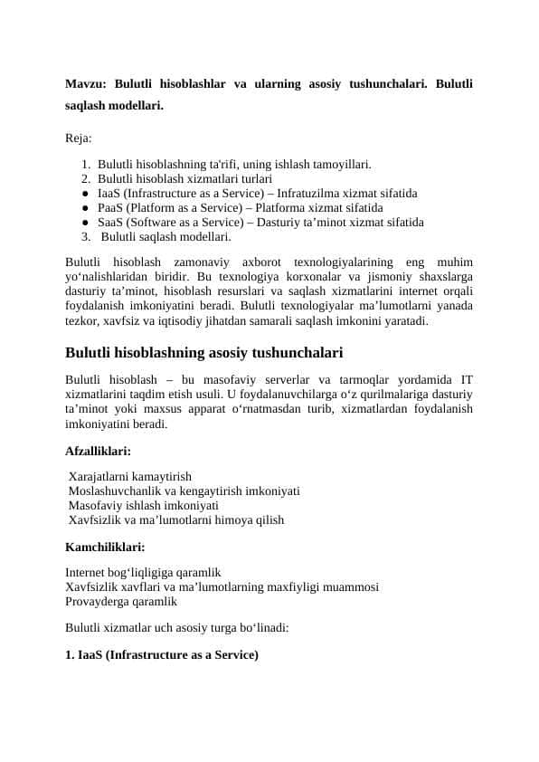 Bulutli hisoblashlar va ularning asosiy tushunchalari. Bulutli saqlash modellari.