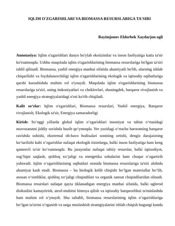 IQLIM O'ZGARISHLARI VA BIOMASSA RESURSLARIGA TA'SIRI