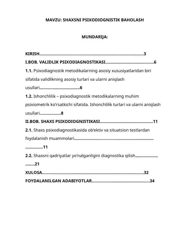 SHAXSNI PSIXODIOGNISTIK BAHOLASH