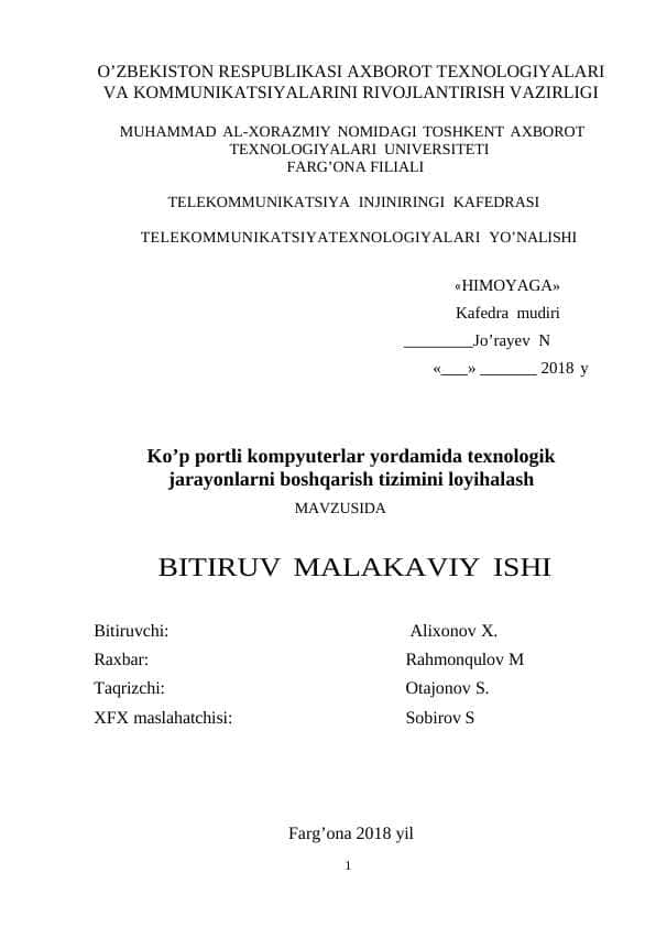 Ko’p portli kompyuterlar yordamida texnologik jarayonlarni boshqarish tizimini loyihalash