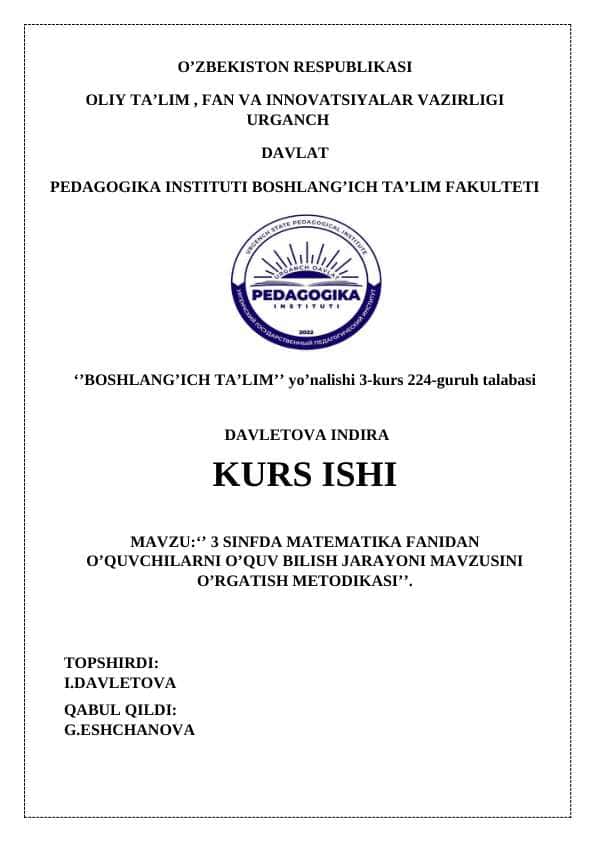 3 SINFDA MATEMATIKA FANIDAN O’QUVCHILARNI O’QUV BILISH JARAYONI MAVZUSINI O’RGATISH METODIKASI’’.