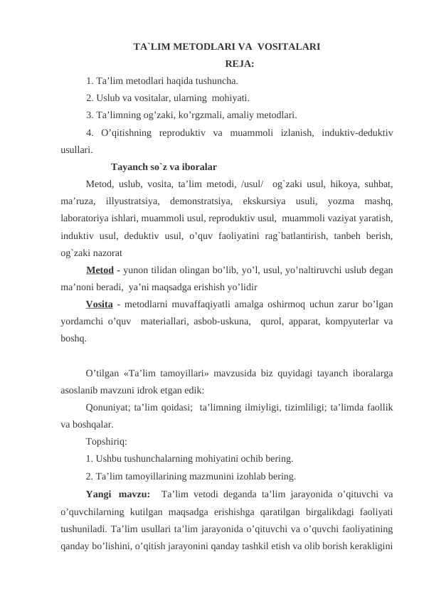 TA`LIM METODLARI VA VOSITALARI
