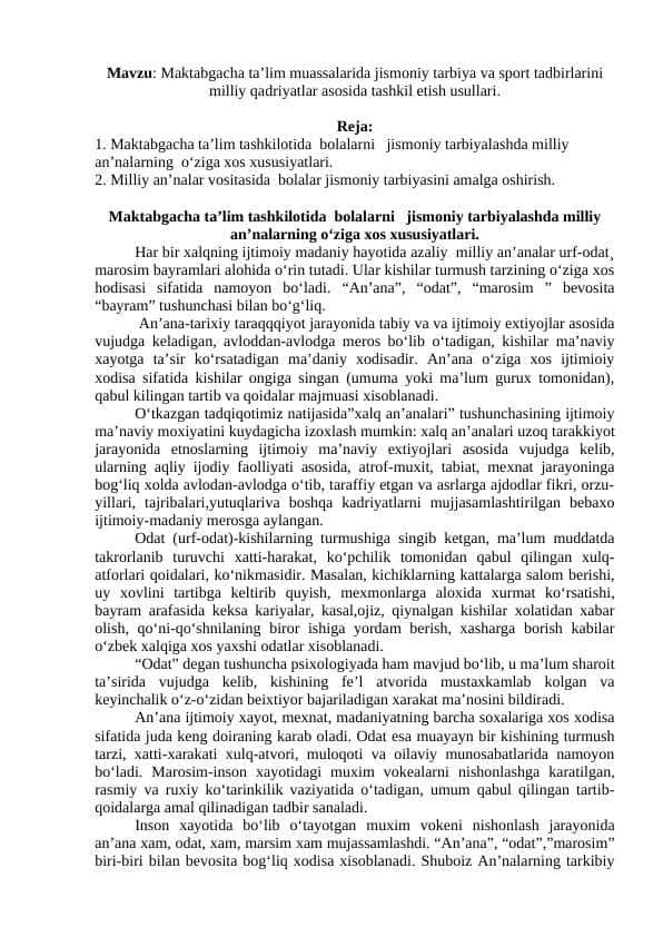 Maktabgacha ta’lim muassalarida jismoniy tarbiya va sport tadbirlarini milliy qadriyatlar asosida tashkil etish usullari