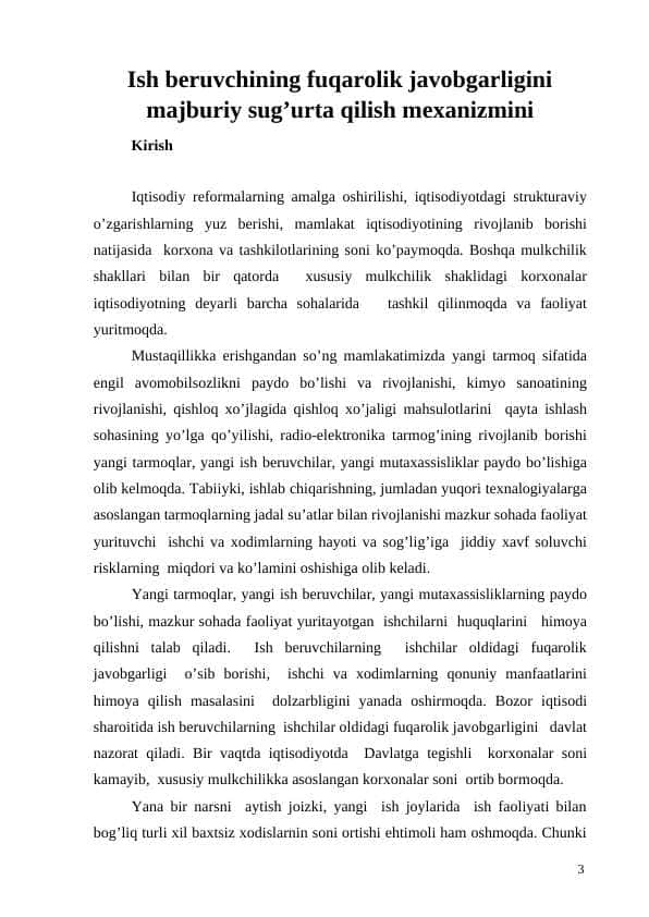Ish beruvchining fuqarolik javobgarligini majburiy sug’urta qilish mexanizmini