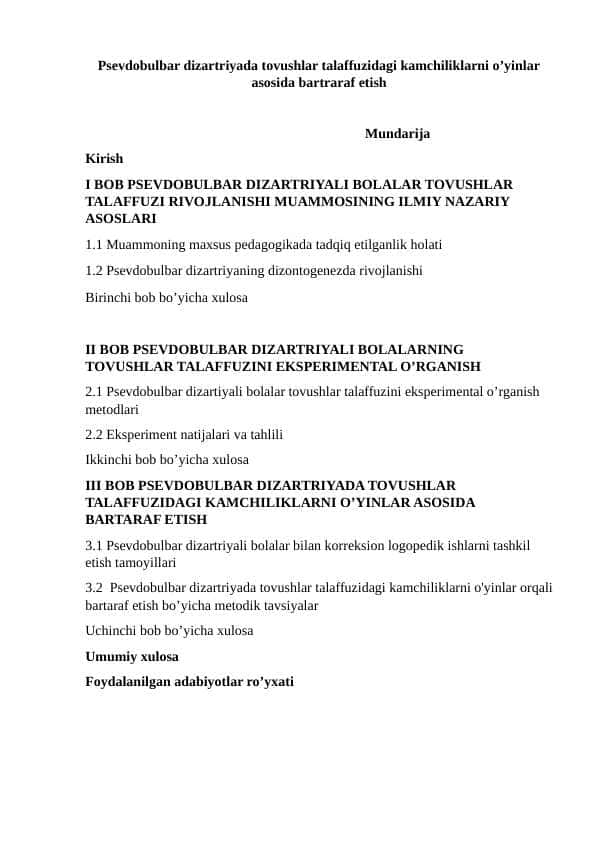 Psevdobulbar dizartriyada tovushlar talaffuzidagi kamchiliklarni o’yinlar asosida bartraraf etish