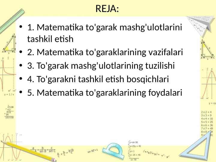 Matematika to’garak mashg’ulotlarini tashkil etish
