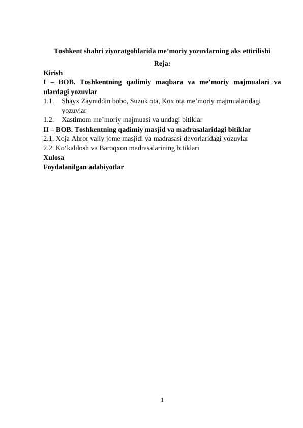 Toshkent shahri ziyoratgohlarida me’moriy yozuvlarning aks ettirilishi