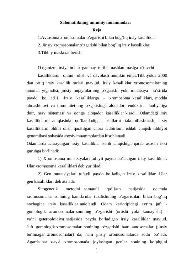 Salomatlikning umumiy muammolari
