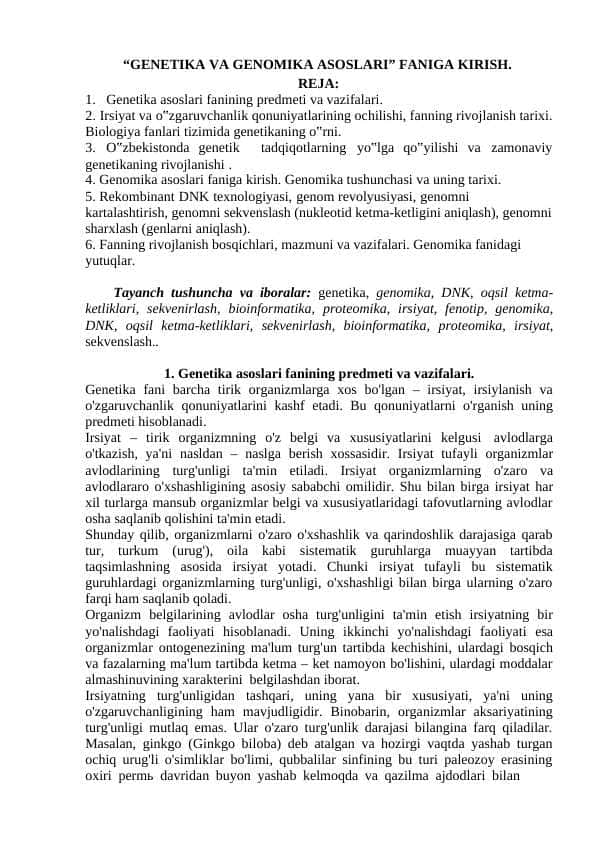 GENETIKA VA GENOMIKA ASOSLARI” FANIGA KIRISH