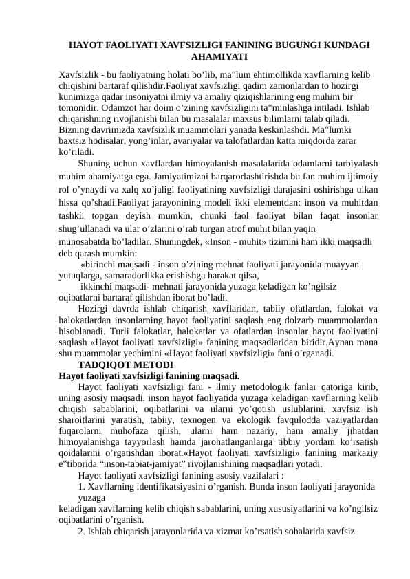 HAYOT FAOLIYATI XAVFSIZLIGI FANINING BUGUNGI KUNDAGI AHAMIYATI