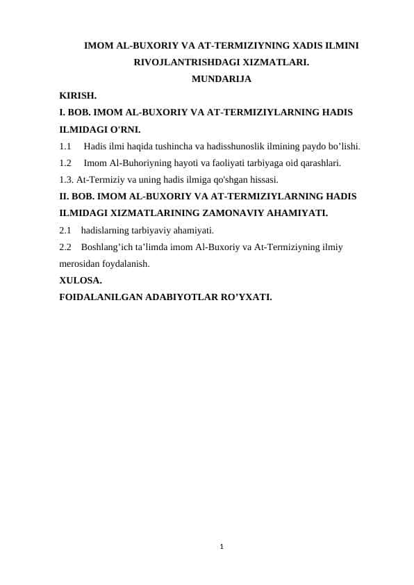 Imom Al-Buxoriy va At-Termiziyning xadis ilmini rivojlantrishdagi xizmatlari
