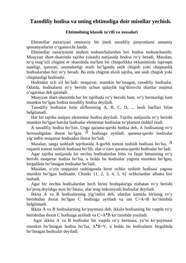 Tasodifiy hodisa va uning ehtimoliga doir misollar yechish
