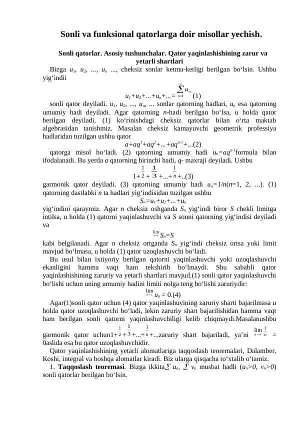 Sonli va funksional qatorlarga doir misollar yechish