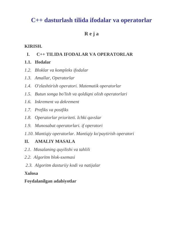 C++ dasturlash tilida ifodalar va operatorlar