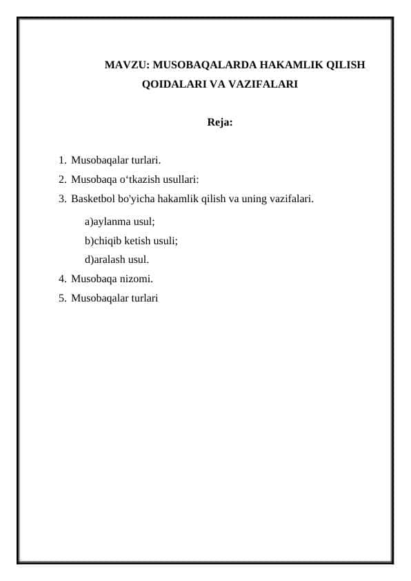 MUSOBAQALARDA HAKAMLIK QILISH QOIDALARI VA VAZIFALARI