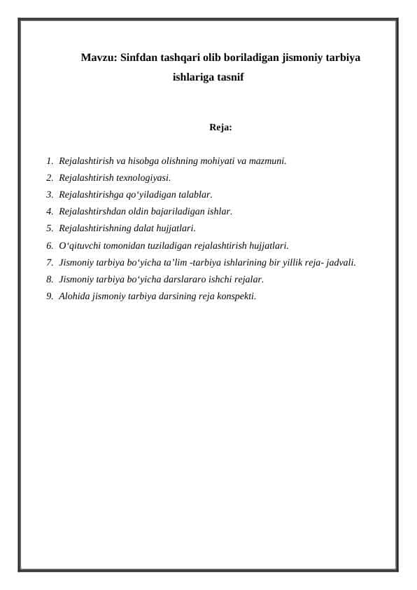 Sinfdan tashqari olib boriladigan jismoniy tarbiya ishlariga tasnif