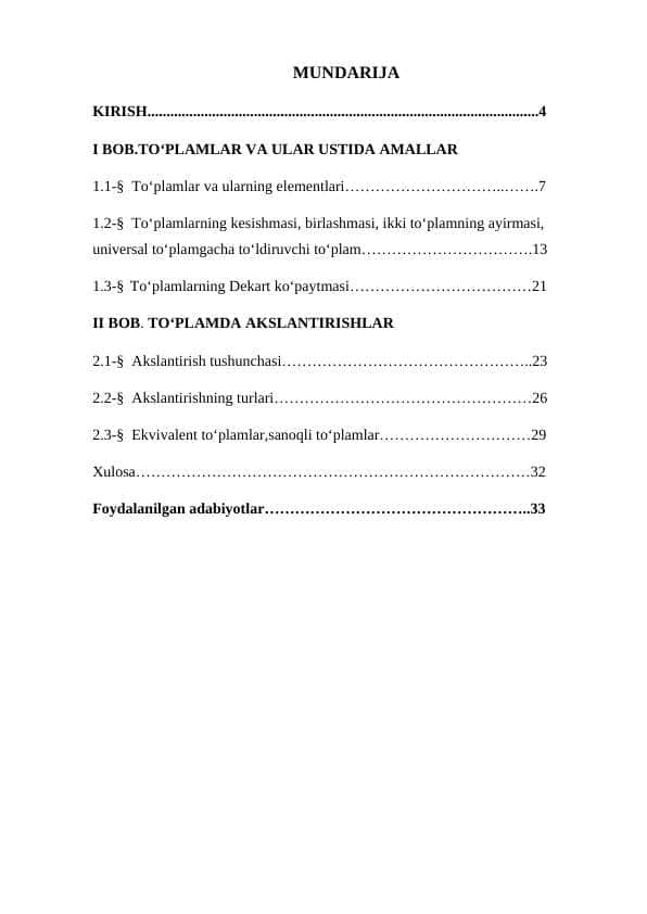To‘plamlar va ular ustida amallar, to‘plamda akslantirishlar 25