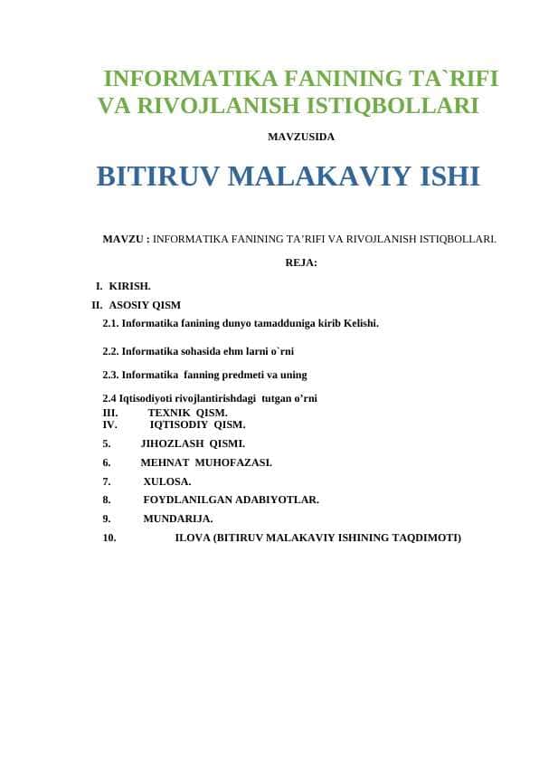 INFORMATIKA FANINING TA’RIFI VA RIVOJLANISH ISTIQBOLLARI.