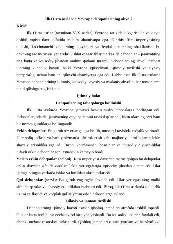 Ilk O‘rta asrlarda Yevropa dehqonlarining ahvoli esse