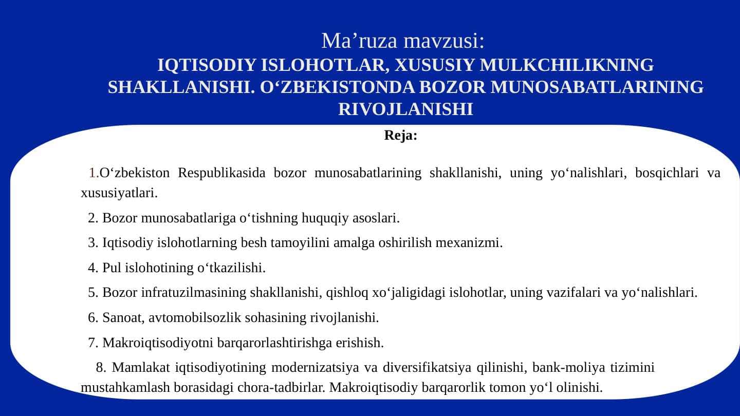 IQTISODIY ISLOHOTLAR, XUSUSIY MULKCHILIKNING SHAKLLANISHI. O‘ZBEKISTONDA BOZOR MUNOSABATLARINING RIVOJLANISHI
