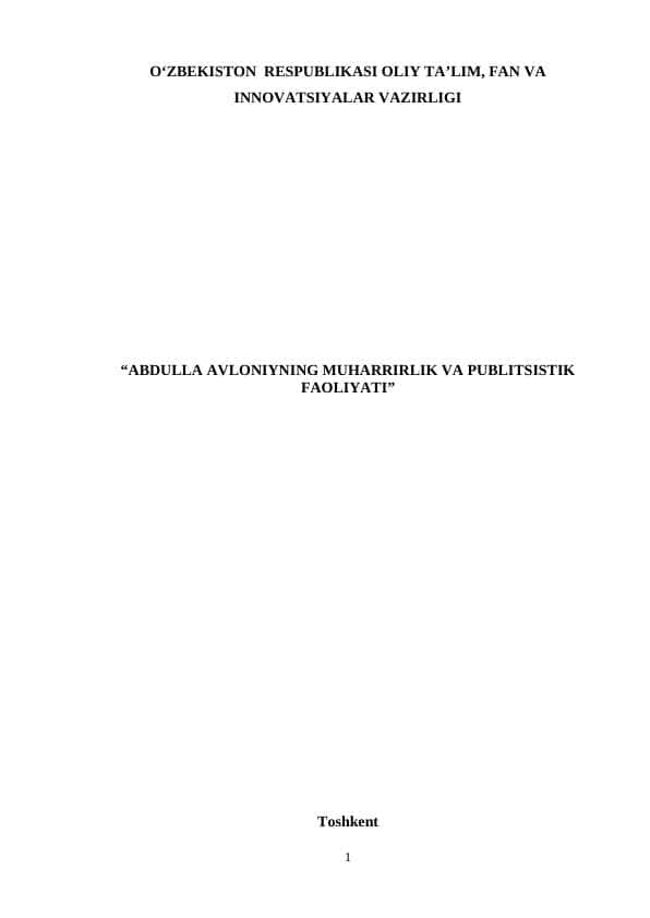 ABDULLA АVLONIYNING MUHАRRIRLIK VА PUBLITSISTIK FАOLIYАTI