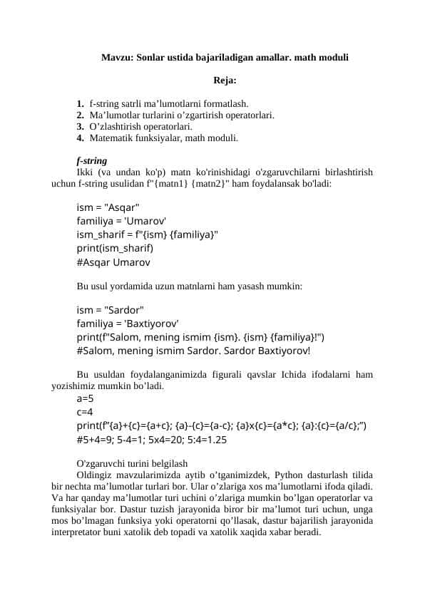 Sonlar ustida bajariladigan amallar. math moduli