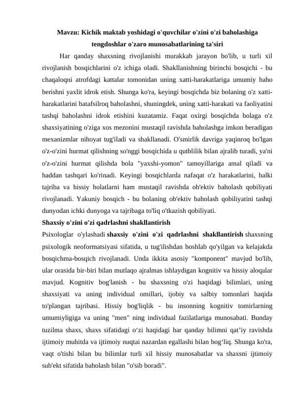 Kichik maktab yoshidagi o'quvchilar o'zini o'zi baholashiga tengdoshlar o'zaro munosabatlarining ta'siri