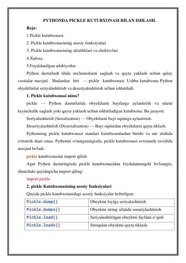 Pythonda pickle kutubxonasi bilan ishlash.