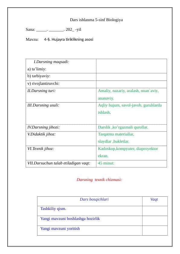 4 §. Hujayra tiriklikning asosi dars ishlanma 5 sinf biologiya