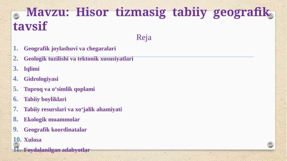 Hisor tizmasig tabiiy geografik tavsif