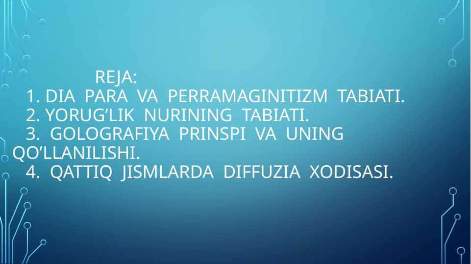 Dia para va perramaginitizm tabiati.Yorug’lik nurining tabiati.