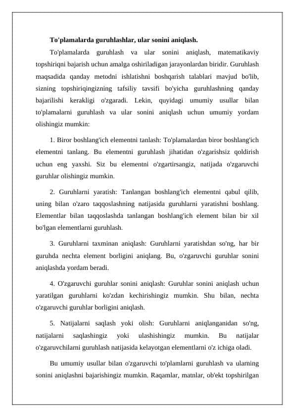 To'plamalarda guruhlash va sonini aniqlash
