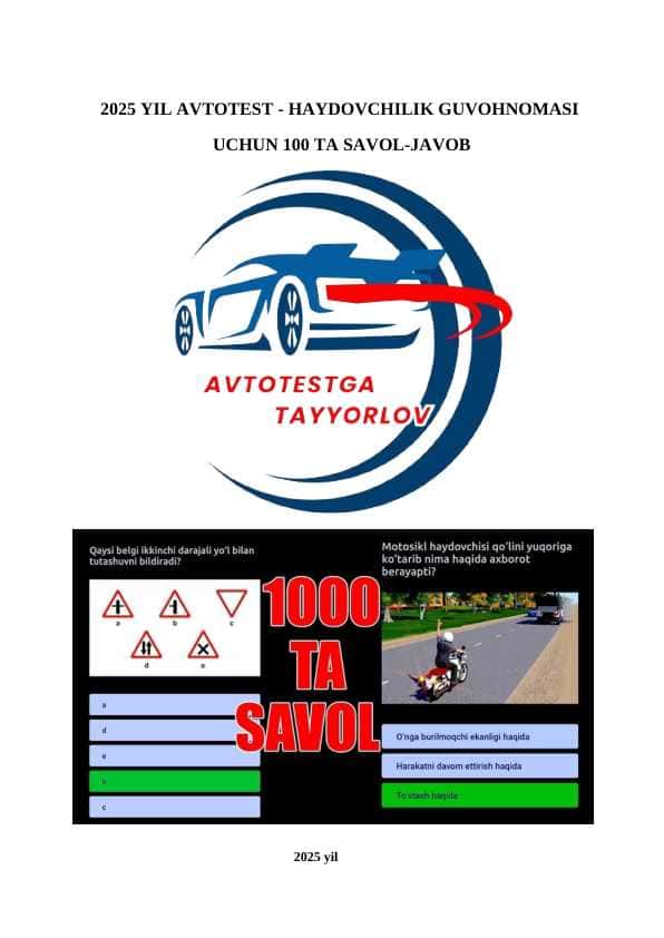 Avtotest - Haydovchilik guvohnomasi uchun 2025 yil100 ta savol-javob