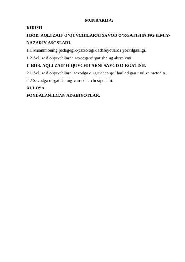 Aqli Zaif O’quvchilarni Savod O’rgatish