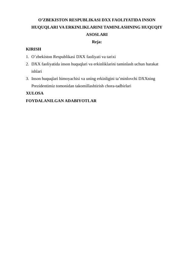 O’ZBEKISTON RESPUBLIKASI DXX FAOLIYATIDA INSON HUQUQLARI VA ERKINLIKLARINI TAMINLASHNING HUQUQIY ASOSLARI