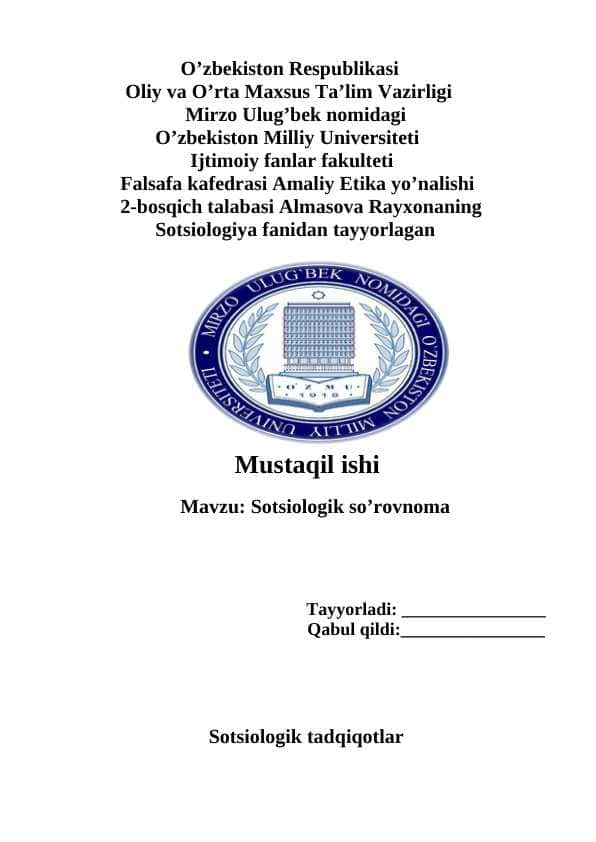Sotsiologik so’rovnoma. Mustaqil ish